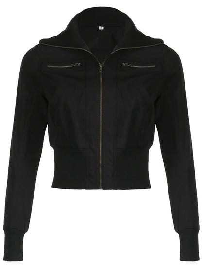 Korean Street Style Black Zip Up Turtleneck Slim Long Sleeve Bomber Jackets For Women  Autumn New Fashion Gothic Outwears