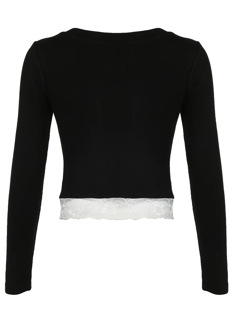 Contrast Lace Patchwork Cute Y2K Slim Long Sleeve Black T-Shirts Women Button Up V Neck Basic Spring Autumn Tee