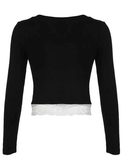 Contrast Lace Patchwork Cute Y2K Slim Long Sleeve Black T-Shirts Women Button Up V Neck Basic Spring Autumn Tee
