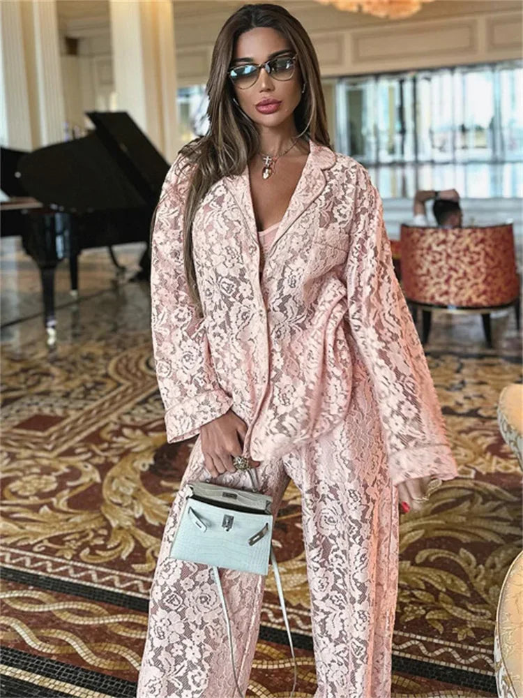 Lace Hollow Out Printed 2 Piece-Set Trousers Female See-Through Sexy See-Through Shirts And Fashion Women&#8217;s Pants Outfits