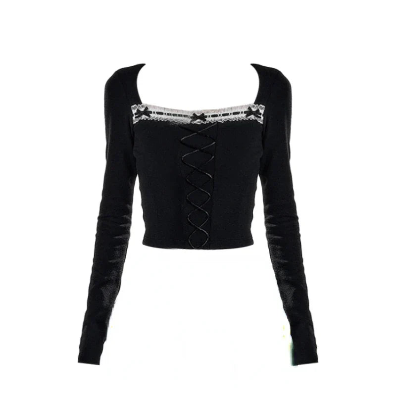 Voguable Dark Academia Y2k 2000s Aesthetic Rave Night Club Outfits 2 Piece Set Long Sleeve T-Shirts Crop Tops + Mini Pleated Skirts