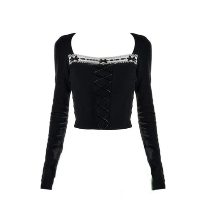 Voguable Dark Academia Y2k 2000s Aesthetic Rave Night Club Outfits 2 Piece Set Long Sleeve T-Shirts Crop Tops + Mini Pleated Skirts