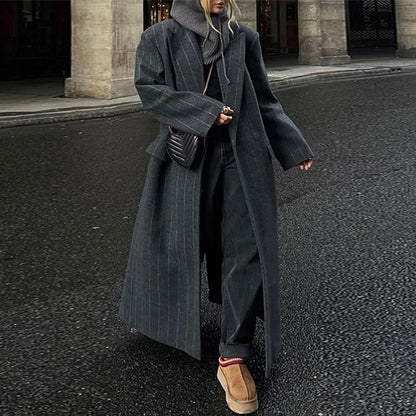 Casual Gray Striped Women Long Coats Elegant Woolen Lapel Long Sleeve Back Split Loose Jackets Autumn Chic Street Outwears