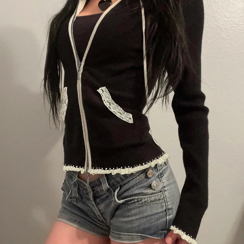 Fashion Y2K Women Zip Up Sweater with Hooded Slightly Thick Autumn Winter Lace Trim Pocket Knit Coat Slim Contrast