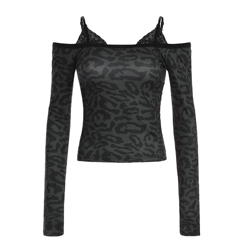 Leopard Print Black T Shirt Lace Patchwork Full Sleeve Tee y2k Chic Off-shoulder Cropped Top Vintage 2000s Clothing