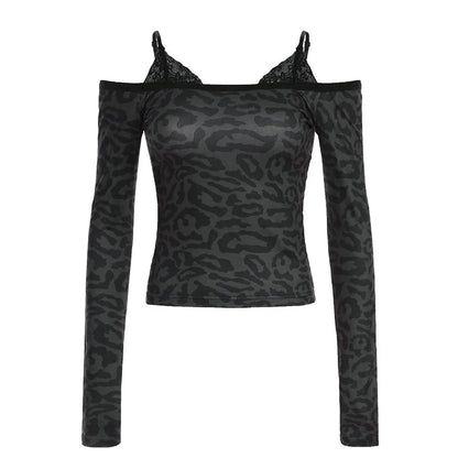 Leopard Print Black T Shirt Lace Patchwork Full Sleeve Tee y2k Chic Off-shoulder Cropped Top Vintage 2000s Clothing