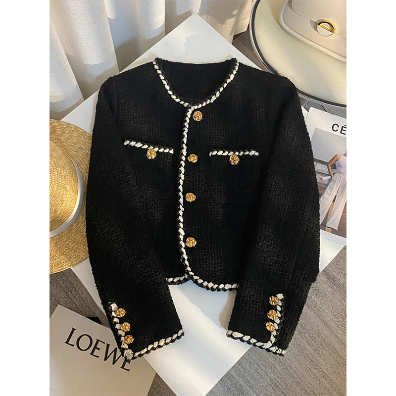 Vintage Tweed Jacket Women Elegant Cropped Quilted Coat Commute Black Blazer Winter Ladies Korean Short Outerwear Tops New