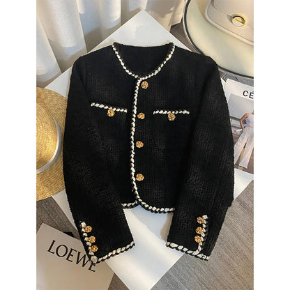 Vintage Tweed Jacket Women Elegant Cropped Quilted Coat Commute Black Blazer Winter Ladies Korean Short Outerwear Tops New