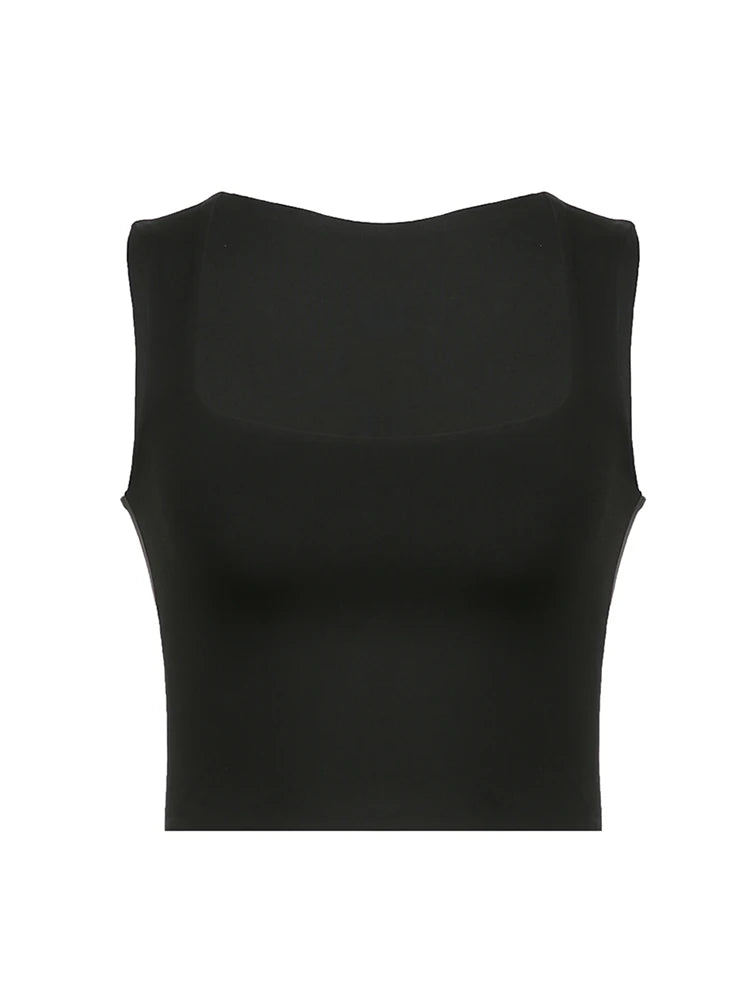 Solid Square Collar Wide Straps Slim Cropped Vest Top