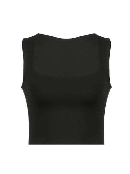 Solid Square Collar Wide Straps Slim Cropped Vest Top