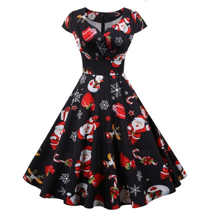 2025 Christmas Festival Dress Up Party Dresses Women Fashion Print Folds V-neck A-line Dress Lady Vintage Commuting Vestidos New