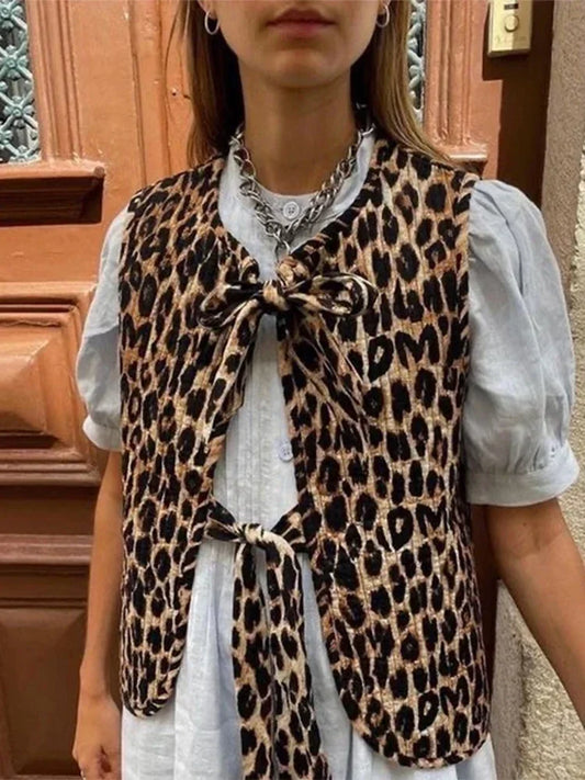 Chic Leopard Printed Lace Up Top For Women Casual V Neck Sleeveless Vest  New Spring Summer Female High Street Wasitcoat