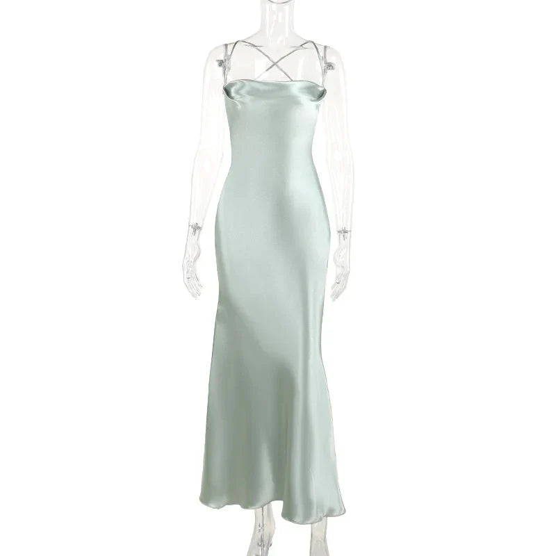 French Elegant Satin Camis Dress Backless Spaghetti Straps Midi Dress Y2K Solid Sleeveless Party Night Vestidos