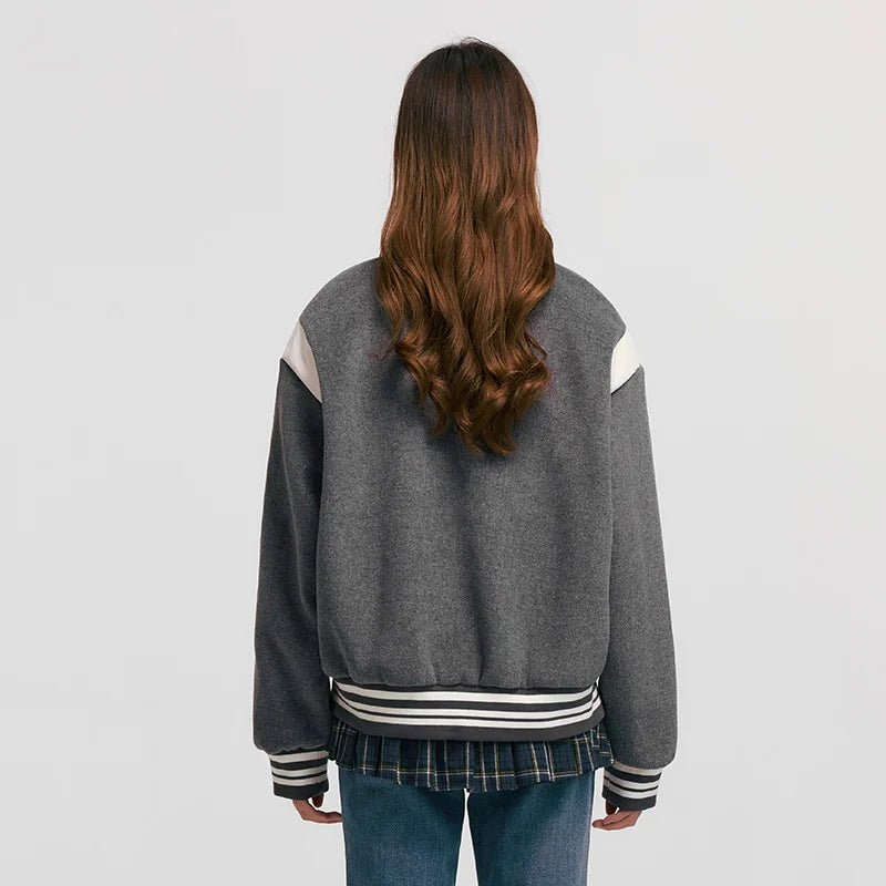 Coat Women Embroidery Patchwork Contrast Color Loose Jacket  New Winter Imitation Woolen Baseball Jacket