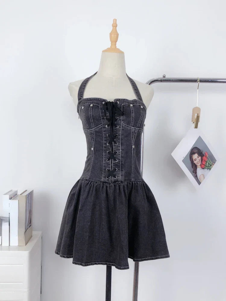 Voguable  Aesthetic Vintage Loose Slash Neck Dress Elegant Slim Sleeveless Dresses FeY2k Lace Up Clothes Streetwear
