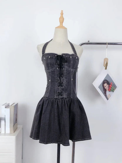 Voguable  Aesthetic Vintage Loose Slash Neck Dress Elegant Slim Sleeveless Dresses FeY2k Lace Up Clothes Streetwear