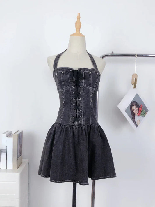Voguable  Aesthetic Vintage Loose Slash Neck Dress Elegant Slim Sleeveless Dresses FeY2k Lace Up Clothes Streetwear