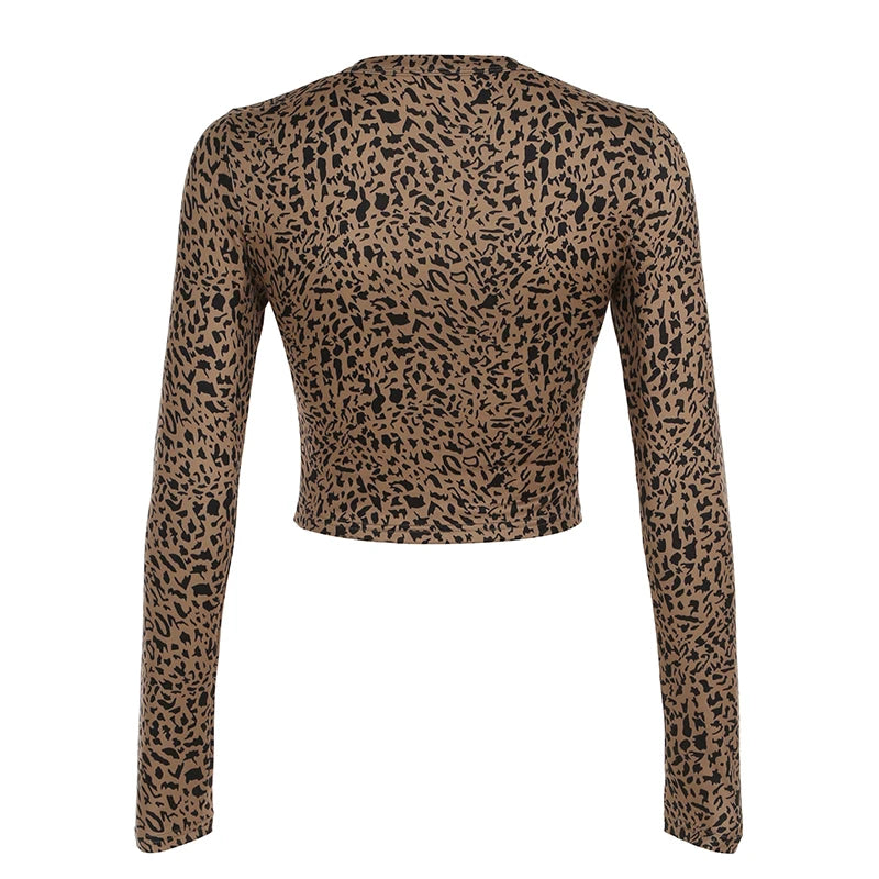 Leopard Sexy Single Breasted Women¡¯s Tops Long Sleeve Slim Fit Gyaru Clothing Streetwear Trendy T-Shirts Autumn