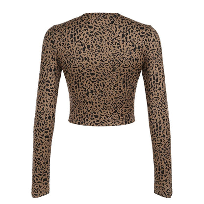 Leopard Sexy Single Breasted Women¡¯s Tops Long Sleeve Slim Fit Gyaru Clothing Streetwear Trendy T-Shirts Autumn