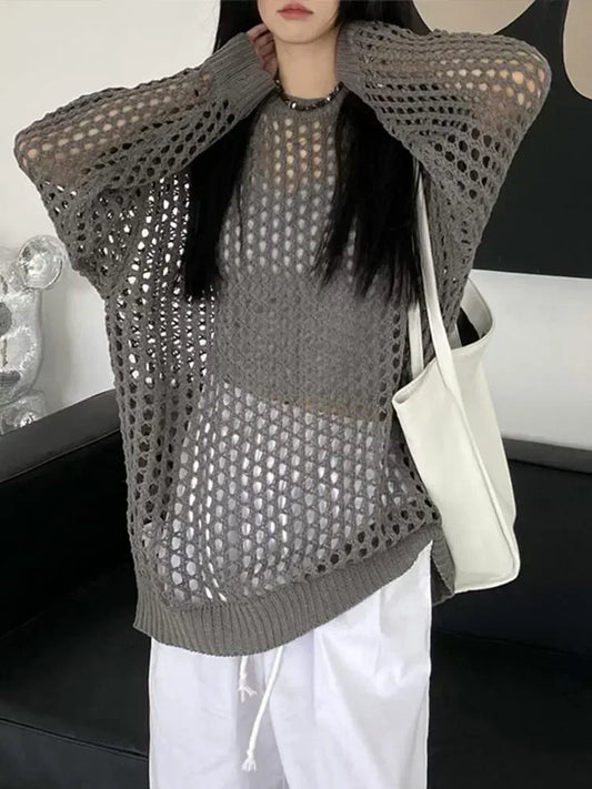 Summer Oversize T-shirt Knitted Sweater Women’s Long Sleeve Transparent Vintage Top Loose Pullovers Basic Sexy T-shirt for Women