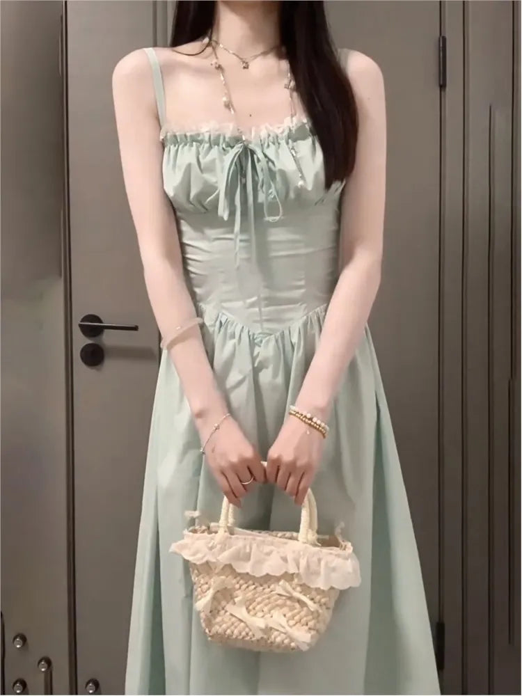 Summer New Spaghetti Strap Backless Midi Dresses for Women Lace-up Sleeveless Beach Style Korean Fashion One Piece Vestido Mujer