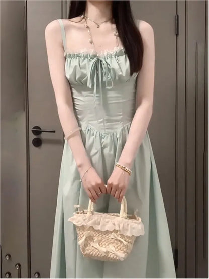 Summer New Spaghetti Strap Backless Midi Dresses for Women Lace-up Sleeveless Beach Style Korean Fashion One Piece Vestido Mujer