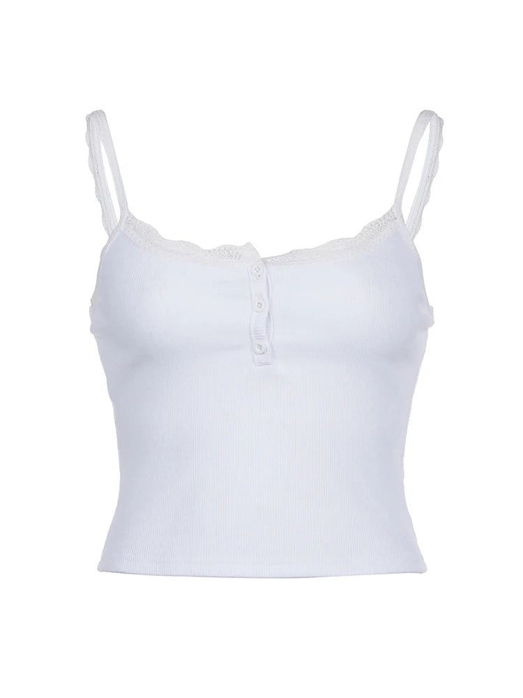 Button Up Lace Square Collar Slim White Camisole Women Y2K Basic Casual Cute Crop Top