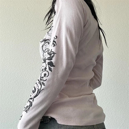 Fairy Grunge y2k Top Aesthetic Clothes Floral Print V Neck Long Sleeve T Shirt 2000s Gothic Clothing Streetwear