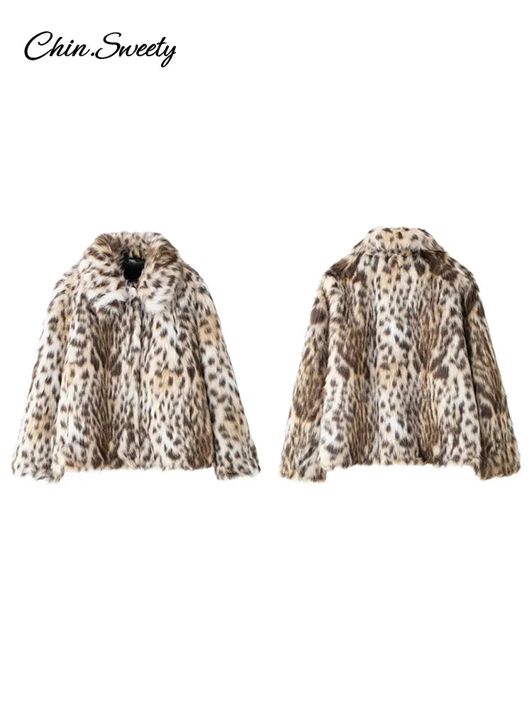 Leopard Print Faux Fur Short Coat Women Fashion Puff Plush Lapel Loose Button Jacket Female  Winter Thick Warm Outerwear