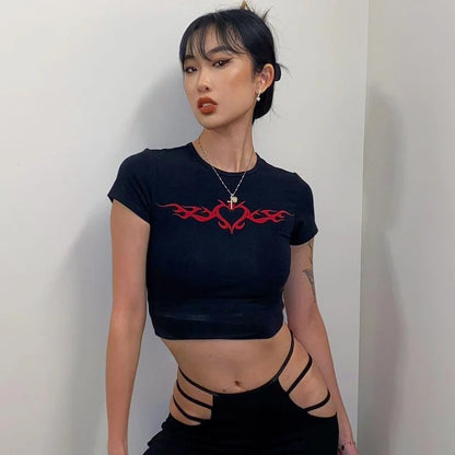 Y2K Love Wings Geometric Red Printed Open Navel Short Sleeve Top European and American Street Punk Style Dark