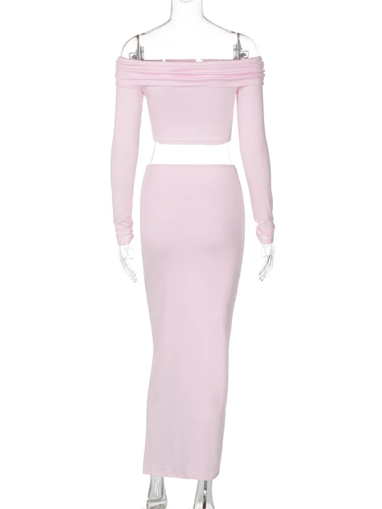 Casual Off-Shoulder 2 Piece-Set Maxi Skirt For Women Patchwork Long Sleeve Pullover Top And Long Skirt Sets Female Outfits