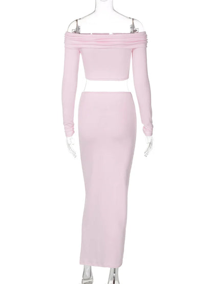 Casual Off-Shoulder 2 Piece-Set Maxi Skirt For Women Patchwork Long Sleeve Pullover Top And Long Skirt Sets Female Outfits