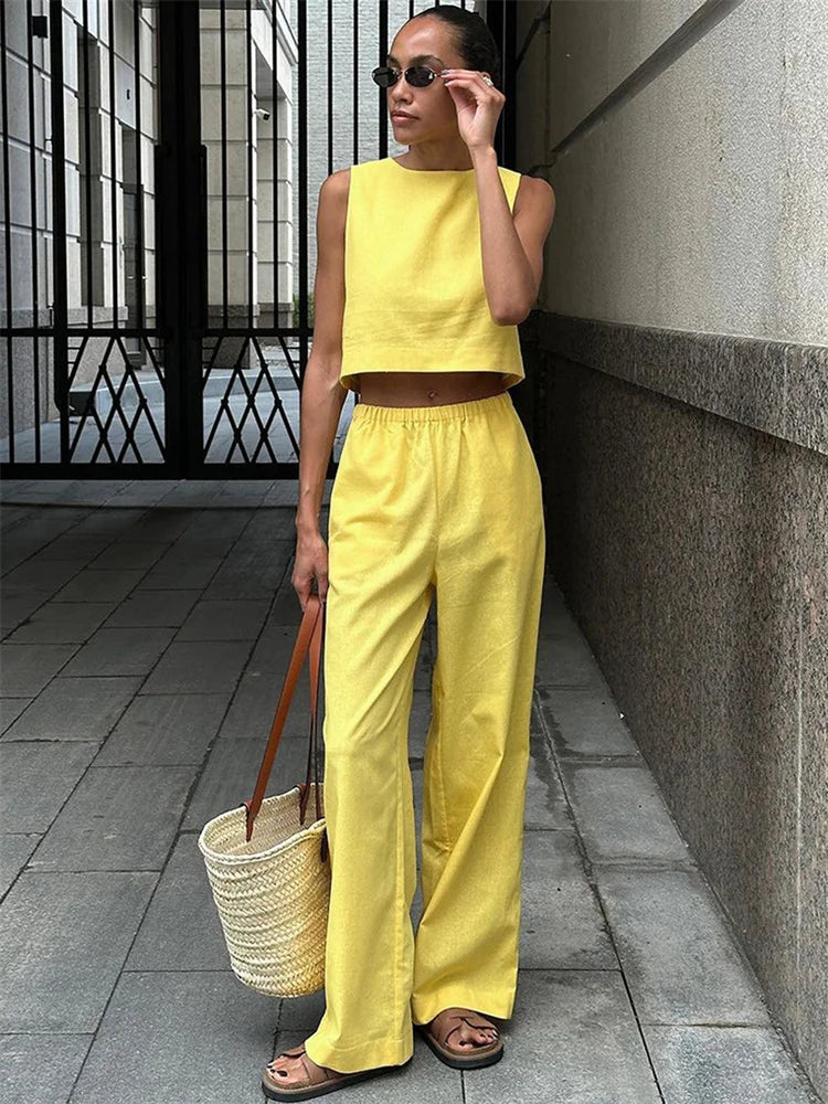 Summer Fashion 2 Piece-Set Women’s Pants Sleeveless Cropped Vest Top And Wide Leg Trousers Sets Female Outfits Trousers