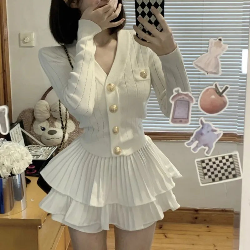 Autumn Korean Fashion Knitted Two-piece Skirt Set Women Casual Single Breasted V-neck Sweater Mini Ruffles Skirt Y2K New Outfits