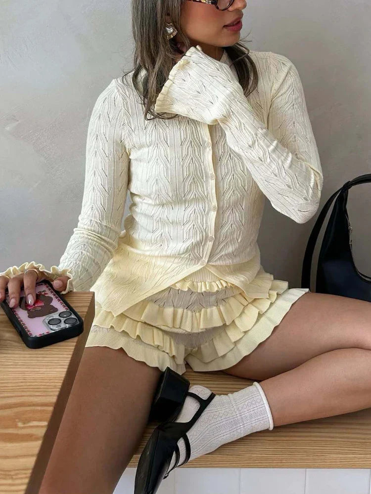 White Ruffles Knit Short Two Piece Sets Spring Summer Long Sleeve Cardigan Short Sets Y2K Fashion Holidays Matching Sets 2025