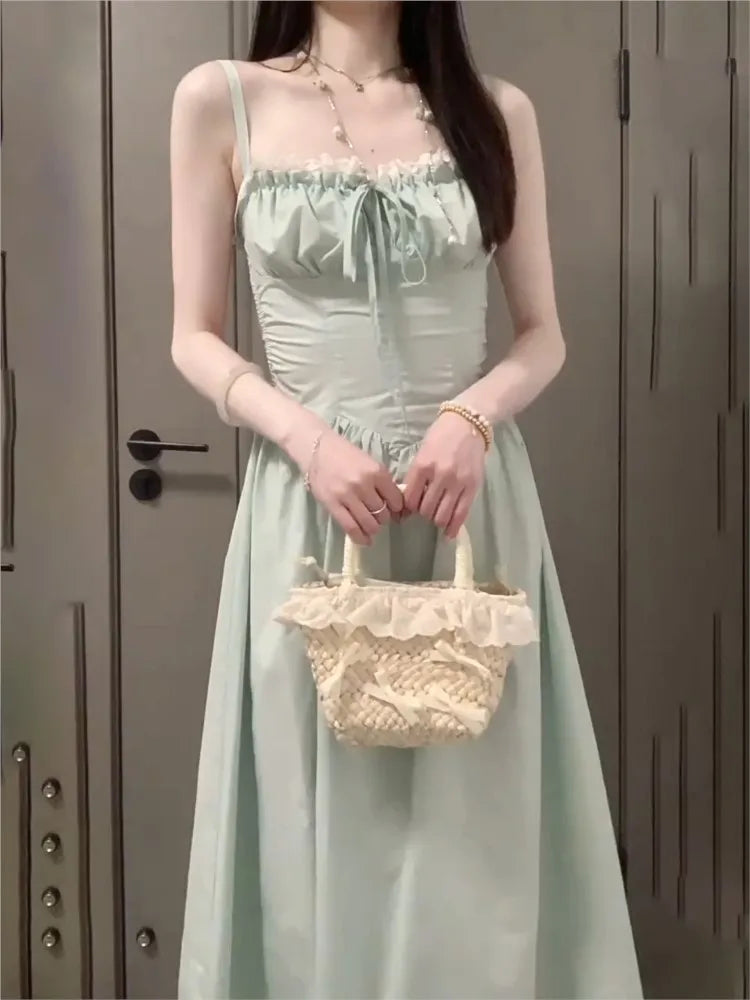 Summer New Spaghetti Strap Backless Midi Dresses for Women Lace-up Sleeveless Beach Style Korean Fashion One Piece Vestido Mujer