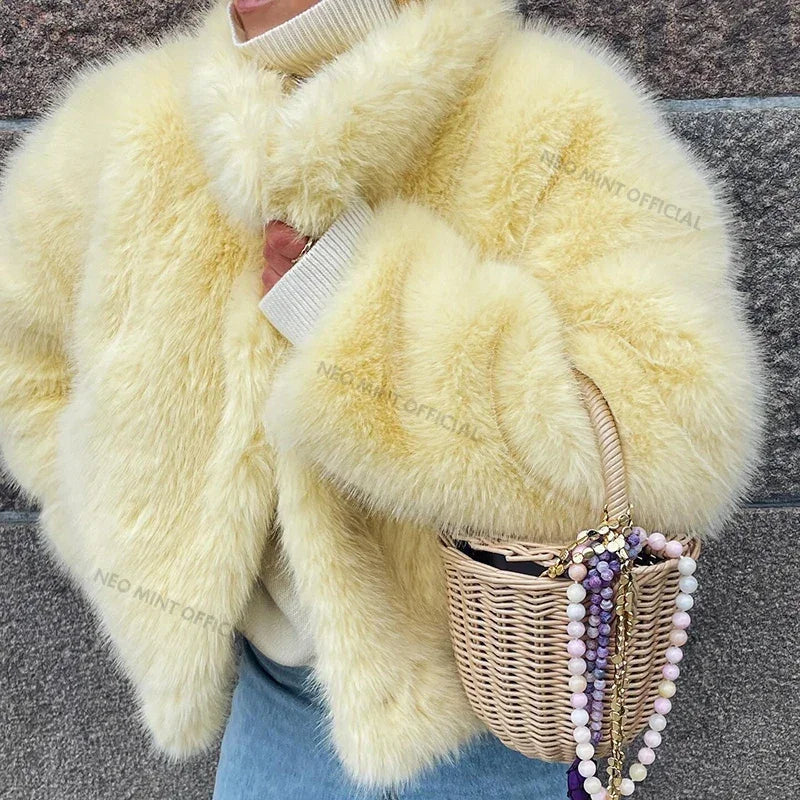 Winter Women Yellow Faux Fur Jacket Chic Girls Fashion Streetwear Thicken Warm Stand Collar Fox Fur Coat Outerwear