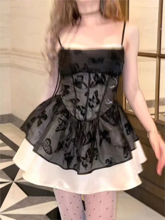 Y2K Spaghetti Strap Lace Patchwork Ruffles A-line Short Dresses for Women Summer Party Dress Korean Fashion One Piece Vestido