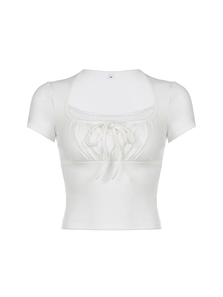 Solid Bust Ruched Tie Patchwork Lace Short Sleeve White T-Shirt Women Balletcore Y2K Cute Clothes