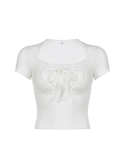 Solid Bust Ruched Tie Patchwork Lace Short Sleeve White T-Shirt Women Balletcore Y2K Cute Clothes