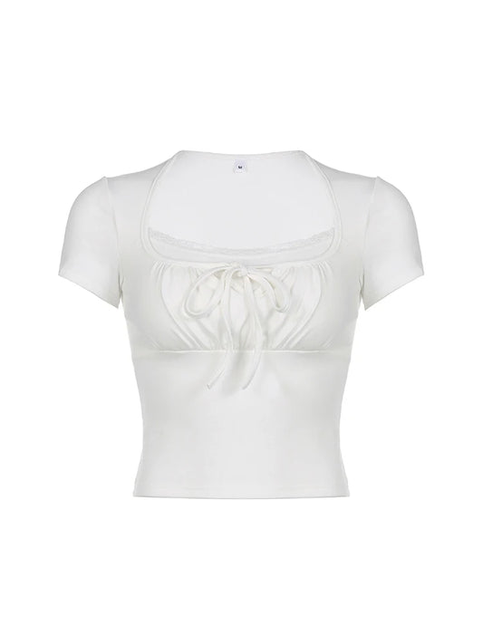 Solid Bust Ruched Tie Patchwork Lace Short Sleeve White T-Shirt Women Balletcore Y2K Cute Clothes