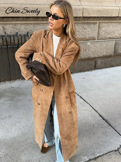 Fashion Lapel Suede Long Jacket Women Elegant Oversized Double-breasted Trench Overcoat  Autumn Lady Commute Outerwear New