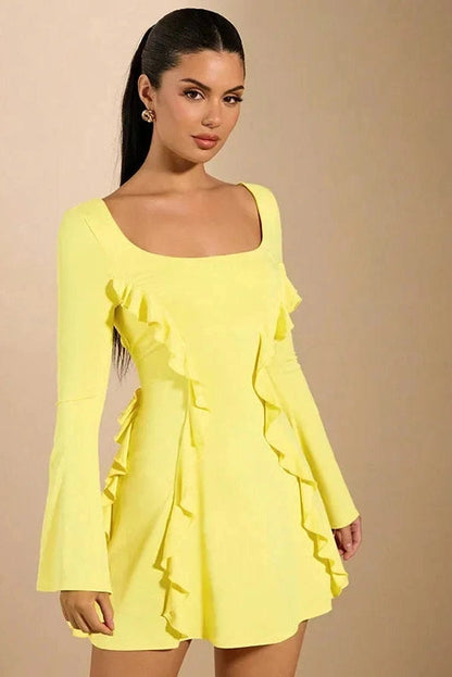 Lace-Up Backless Mini Dress with Patchwork and Flare Sleeves