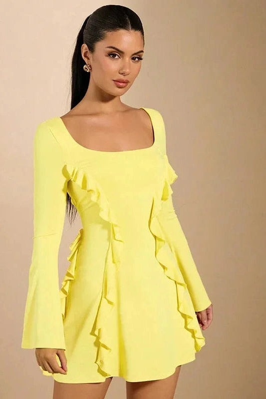 Lace-Up Backless Mini Dress with Patchwork and Flare Sleeves