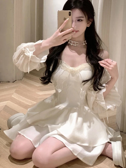 Elegant Princess Party Dress Flare Sleeves Layered Ruffles A-line Short Dresses for Women Korean Fashion One Piece Vestido Mujer