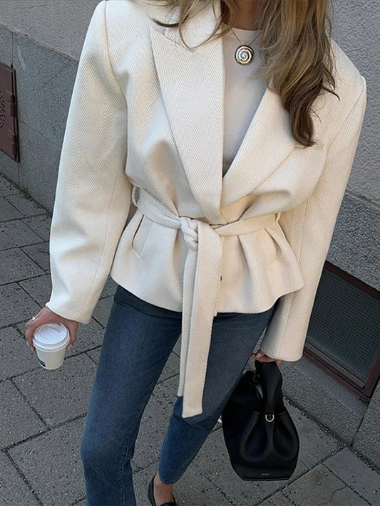 Street Lace Up Cropped Blazer Coat Women Loose Lapel Pocket Long Sleeve Suit Jackets Female 2025 Spring White All-match Outwear