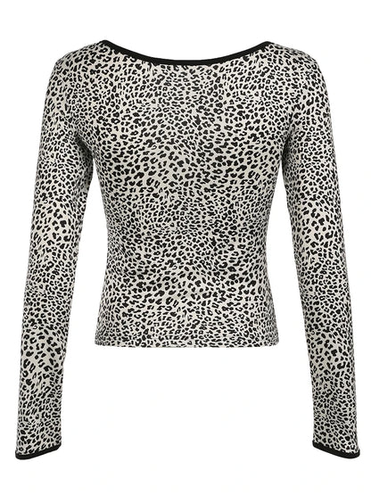 Contrast Binding Leopard Long Sleeve Tees O Neck Slim American Retro Casual Spring Autumn T Shirts