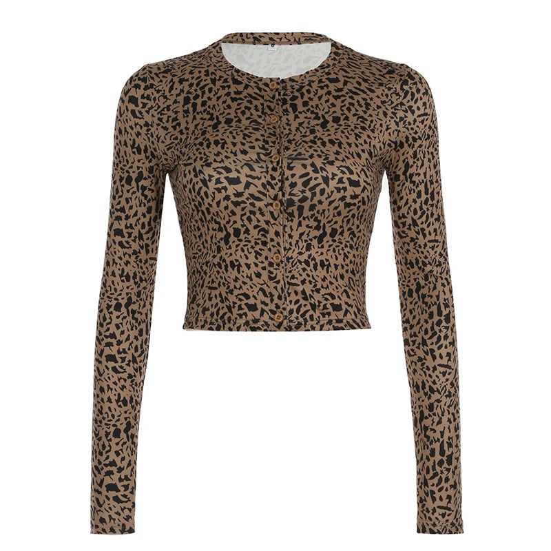 Leopard Sexy Single Breasted Women¡¯s Tops Long Sleeve Slim Fit Gyaru Clothing Streetwear Trendy T-Shirts Autumn
