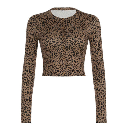 Leopard Sexy Single Breasted Women¡¯s Tops Long Sleeve Slim Fit Gyaru Clothing Streetwear Trendy T-Shirts Autumn