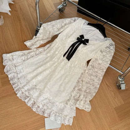 Elegant Lace Mini Dresses Women V-neck Long Sleeve Ruffles A-line Autumn New Sweet Korean Fashion Party Dress Female Vestidos